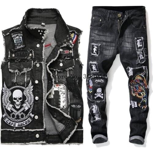 Mens Motorcycle Sets Washed Black Embroidered Skull Two Piece Set Cowboy Vest + Frayed Tiger Badge Stretch Hole Jeans