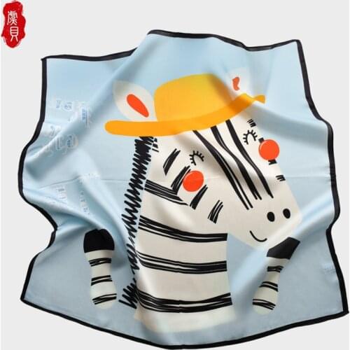 Cartoon zebra natural silk scarf kids 50cm square scarves fashion hair scarf Pareo for girls headscarf foulard hijab BABY warp