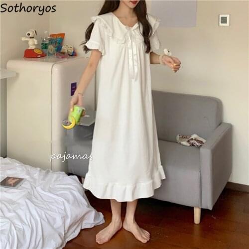 Nightgowns Women Cute Ruffles Lace Patchwork Korean Style Bow Round Neck Females Home Wear Sleepshirts Breathable Ins Trendy