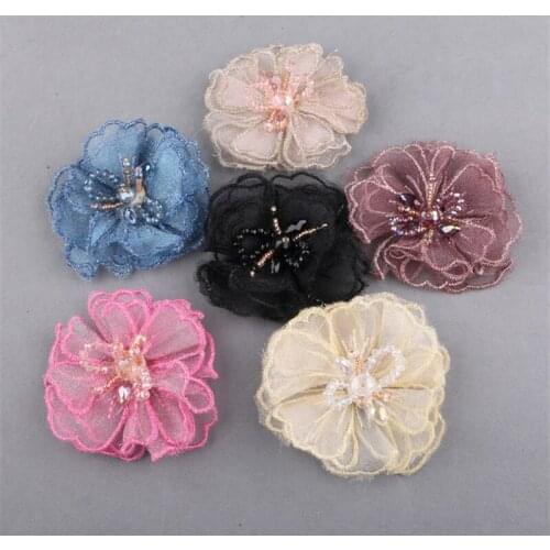Newest 6PCs/Lot High Quality Crystal Core Decorated Chiffon Lace Fabric Flowers Fit Women Headband Clips Shoes Garment Decor