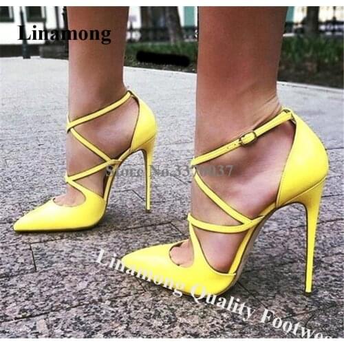 Charming Women Fashion Pointed Toe Yellow Leather Stiletto Heel Pumps Straps Cross High Heels Formal Dress Heels Wedding Shoes