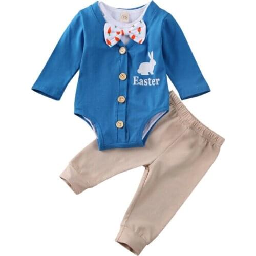 Toddler Baby Boys Girls 3PCs Clothes Sets Cute Easter Rabbit Print Romper Playsuit Jumpsuit and Solid Pants Outfits