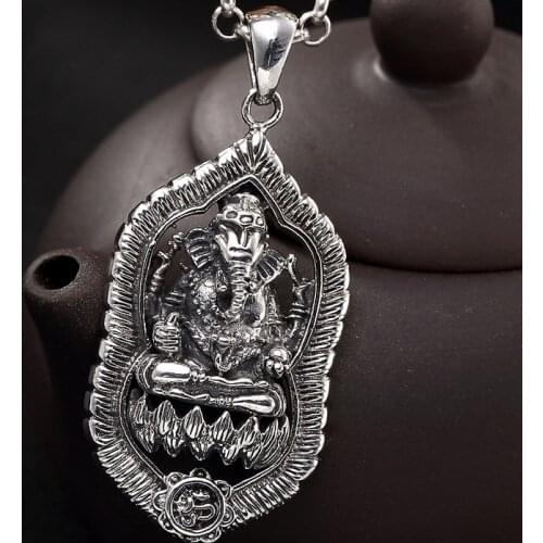 925 Sterling Silver color Ganesha Buddha Elephant Pendants Thai Buddhist Spiritual Tibetan Womens Silver color Necklace Jewelry