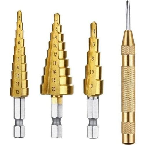 TOP (3Pcs Sets 3-12mm 4-12mm 4-20mm) Wood Metal Hole Cutter Drilling with A Center Puncher High Speed Steel Step Drill Bit