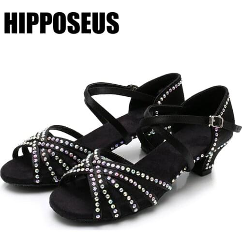Hipposeus Latin Dance Shoes for Girls Women Ladies With Rhinestone Ballroom Modern Tango Dancing Performance Shoes 3.5/4CM Heels