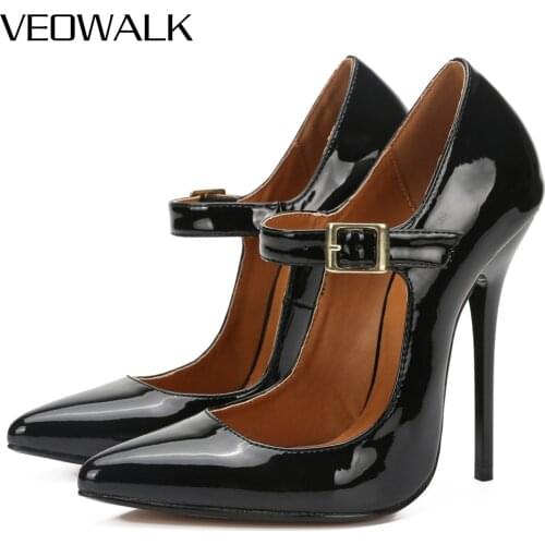 Veowalk 13cm High Heel Unisex Grag Queen Crossdressing Mary Jane Pumps Sexy Black Patent Stilettos Shoes Ultra Big Size 46 47 48