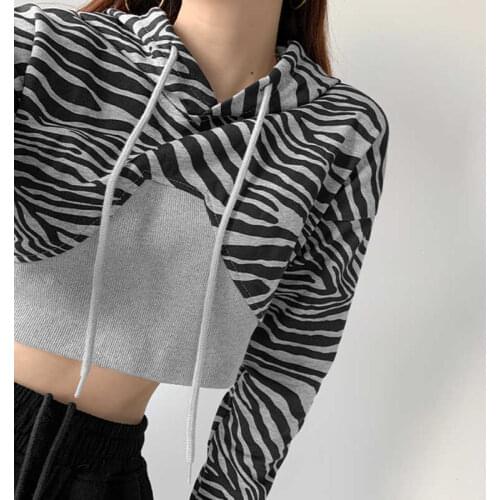 TVVOVVIN Fashion Vintage Zebra Stripes Splicing Women Hooded Tops Korean Long Sleeve Casual short Sweatshirt Kk2x