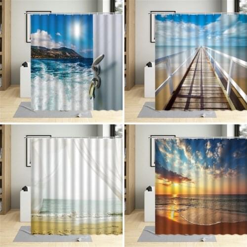 Summer 3D Seaside Beach Scenery Shower Curtains Sea landscape Bathroom Decor Sets With Hooks Waterproof Curtain Polyester Fabric