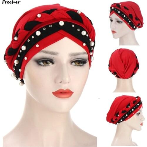 Women Muslim Turban Hat Braid Head Wrap Beaded Headscarf Beanie Twisted Braid Wrap Hat Fashion Faux Pearl Headwrap Droshipping