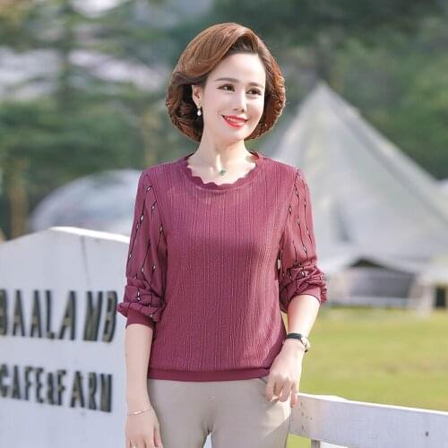 Lace Chiffon Sleeve Women Spring Fashion Mesh T-Shirts Casual Loose Pullover Bottom Tee Shirts Mother Long Sleeve Tops 5XL
