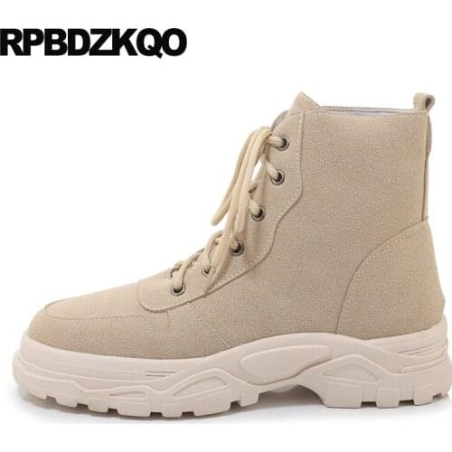 British Knee High Combat Big Size Muffin Beige Shoes Women Ankle Boots Medium Heel Lace Up Platform Booties 13 45 12 44 Flatform