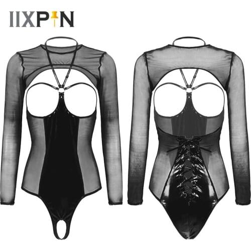 Womens Sexy Open Cups Lingerie Bodysuit Halter Neck Back Lace-up Crotchless Teddy Bodysuit With Long Sleeves Mesh Shrug Tops