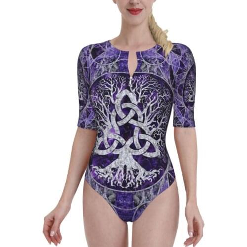 Women 2021 Exotic Bikinis Tree Of Life Triquetra Half Sleeve Zip Women Swimsuit One-Piece Swimwear Viking Nordic bathing suit