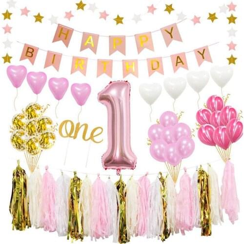 Age 1 Heart shape ballon PInk birthday party decoration set Star garland gold confetti ballon tassels cake topper party supplies