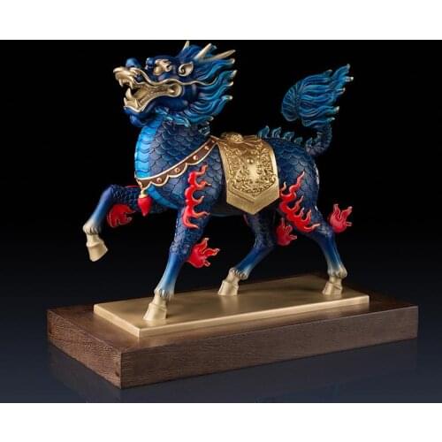 18.5 inches Chinese Art Deco Pure Brass painted Foo Dog Lion dragon Kylin sculpture Decoration Home Furnishings Gift Statue