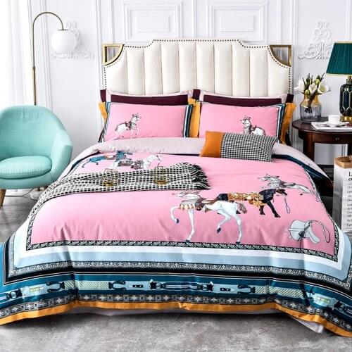 2020 Luxury 100S Egypt Cotton Horses Bedding Set Digital Printed Edge Duvet Cover Bed Sheet Pillowcases Queen King size 4Pcs