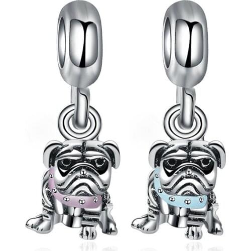 5PCS Wholesale Silver Plated Angry Pug Bead Enamel Dog Animal Metal Charms For DIY Snake Bracelet Necklace Jewelry Making Gift