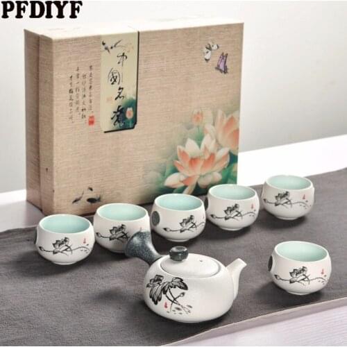 7Pcs Cute Embroidered Bird Tea Set Creative Kung Ku Teapot Cup Set Japanese Style Thick Pottery Teaware As Gifts