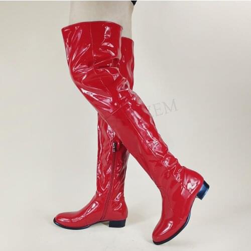 BERZIMER Women Thigh High Boots Round Toe Low Heels Bota Mujer Boots Over Knee Frauen Stiefels Shoes Woman Big Size 43 45 50 52