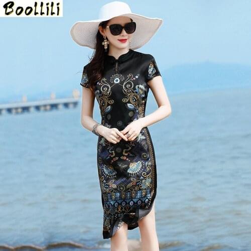 Boollili Real Silk Summer Dress 2020 Vintage Elegant Midi Dress Women Clothes Cheongsam Ladies Dresses Plus Size Dress Vestidos