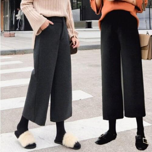 Autumn and winter new woolen wide leg pants female large size thick loose woolen nine pants versatile student casual pants
