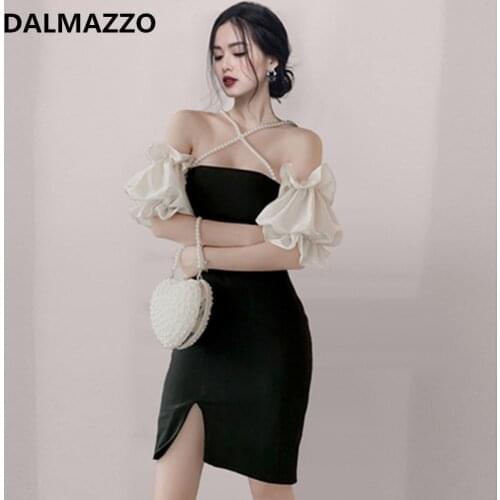 DALMAZZO 2021 New Summer Sexy Package Hip Slim Split Dresses Women Slash Neck Halter Lantern Sleeve Knee Length Dress Vestidos
