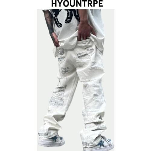 Mens High Street Denim Jean Pants New Casual Loose Ripped Holes Straight Zipper White Jeans Trousers Hip Hop Streetwear Joggers