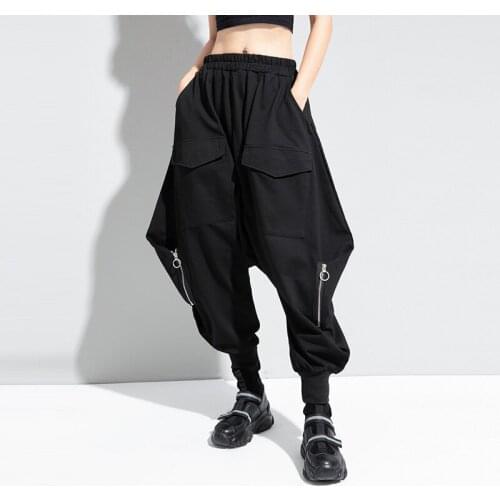 Ladies spring and Autumn new European street hip hop hanging crotch dark stitching zipper pocket baggy pants