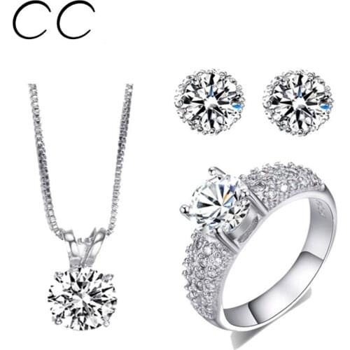 White Gold color Wedding Jewelry Sets Engagement Ring Earring And Necklace Sets Parure Bijoux Femme ASM018