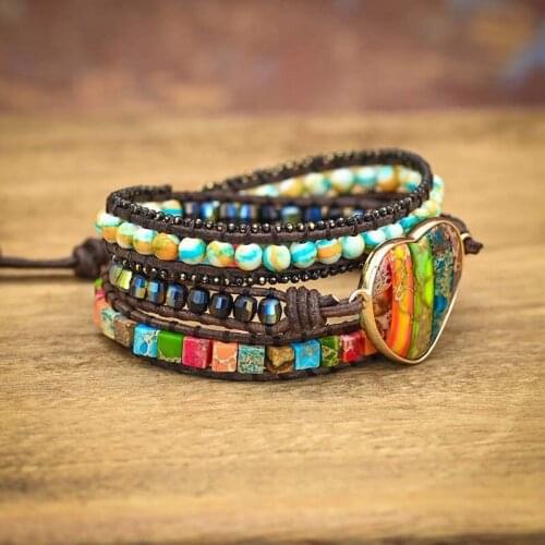 Colorful Heart-shaped Stone Bracelet King Pine Hand Woven Multilayer Leather Bracelet Goddess Bracelet Gift Love Bracelet