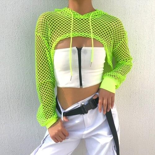 Sexy Fishnet Cover Up Crop Tops Women Fashion Hollow Out Smocks Neon Color Long Sleeve Short Mesh Hoodies for Lady Sporty Beach