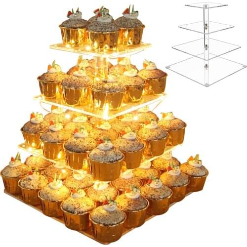 Square Cupcake Stand 4 Tier Acrylic Cake Dessert Tree Tower Display Stand with LED String Light Birthday Wedding Party Wedding