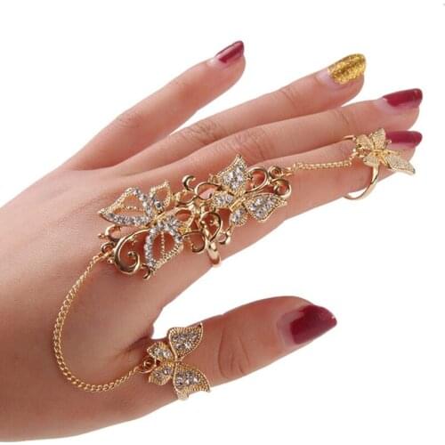 Personality fashion temperament womens rhinestone flower butterfly hollow full finger ring chain link double armor ring