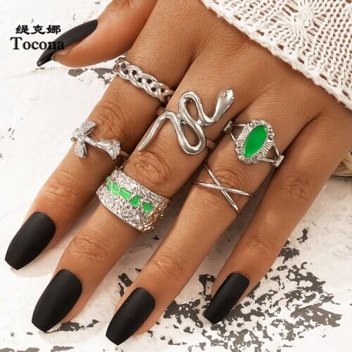 Tocona 6pcs/sets Boho Snake Roseflowers Silver Color Joint Ring Sets for Women Hollow Out Geometric Open Jewelry Anillo 9673
