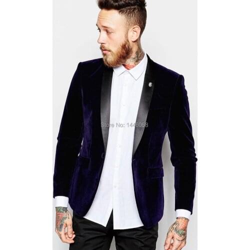 2016 New Arrival One Button Navy Blue Velvet Blazer Groomsmen Suit Prom Groom Tuxedos Mens Wedding Suits Custom Made Jacket+Pant