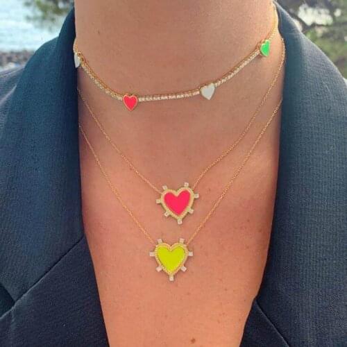 White pink orange enamel romantic heart pendant necklace Gold filled girlfriend lover gift lovely tennis cz heart choker jewelry