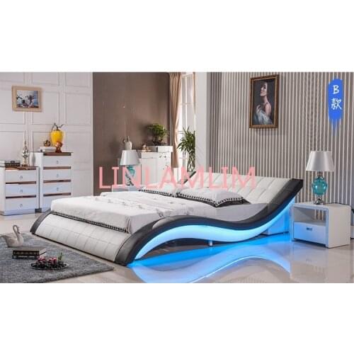 Post modern real genuine leather bed / soft bed/double bed king/queen size bedroom with sound system for iphone ipad LED light