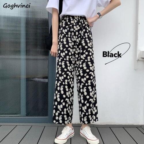Casual Pants Women Elastic-waist Daisy-printed Ankle-length Korean Style Womens Fashion All-match Wide-leg Ulzzang Simple Chic