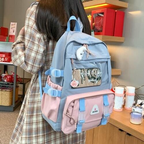 Waterproof Badge Ita Women Backpack Transparent Contrast Color College Gilrs Schoolbags Female Flap Multi-pocket Laptop Backpack