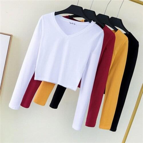 Autumn Large Sizes Cotton Womens Clothing V-Neck Long Sleeve Slim Base Short T-shirts Women Fashion Casual Street Ropa Mujer