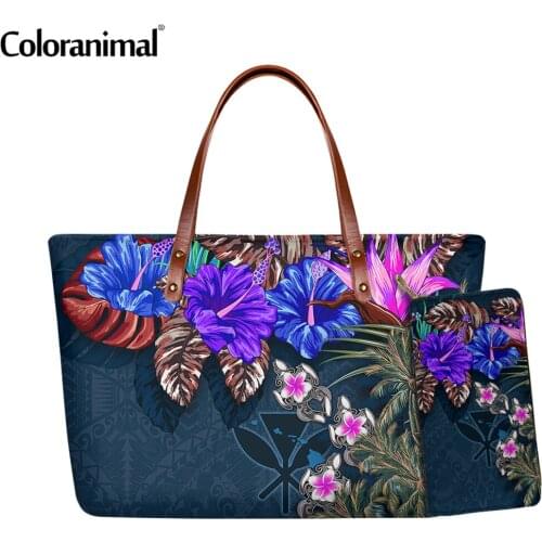 Coloranimal Hawaiian Kanaka Maoli Polynesian Flower Printing Women Shoulder Bag 2Pcs/Set Crossbody Bag&Wallet Messenger Bolsa