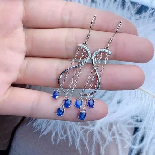 Luxurious Tassels strand embrace natural blue sapphire drop earrings Natural gemstone earrings 925 silver girl party jewelry