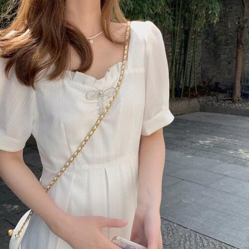 Bella 2021 New V-neck White Elegant Dress Women Short Sleeve Thin Casual Dress Summer Outfits One Piece Dress Korean Office Lady