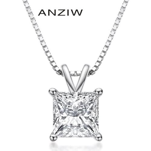 Fashion 925 Sterling Silver White/Yellow Gold Color Women Princess Cut Pendant Necklace with 40+5cm Silver Box Chain Jewelry
