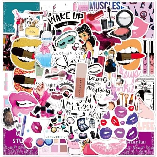 10/50pcs Women Makeup Pink Stickers Set Decal Stickers for Laptop Luggage Suitcase Watterbottle Book Waterproof Stickers