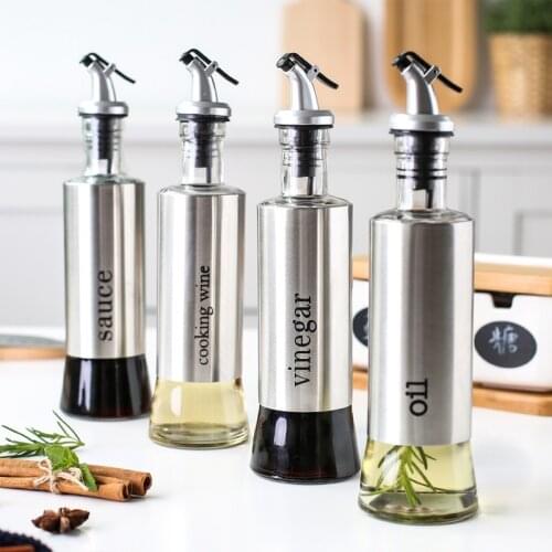 300ml Olive Oil Cruet Bottle Stainless Steel No-drip Bottles Soy Cruet Sauce Vinegar Condiment Dispenser Pourer Kitchen Bottle