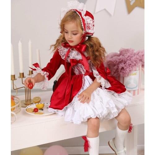 4 PCS Velvet Autumn Winter Girl Vintage Spanish Dress Pompon Ball Princess Dress Lolita Christmas Party Dress for Girl Boutique