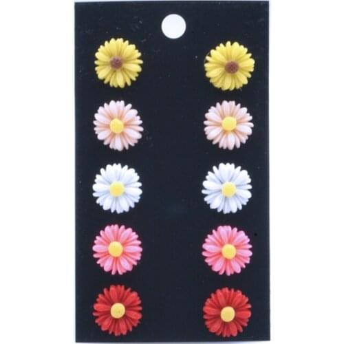 5pairs/set Daisy Sunflower Earrings Stainless Steel Stud 12mm Resin Cabochon colorful Flower Earrings set Women Jewelry Gift
