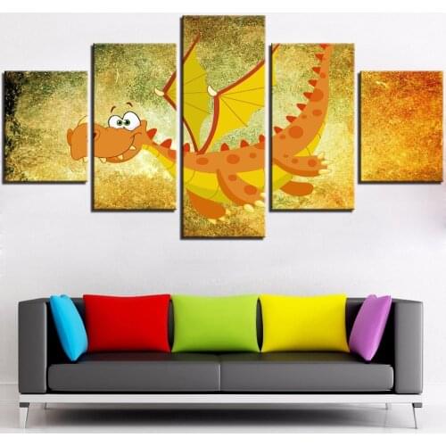 5 Pieces Cartoon Dinosaur Canvas Posters Fire Breathing Dragon Art Painting Cute Pictures For Kids Room Decor Wallpapers