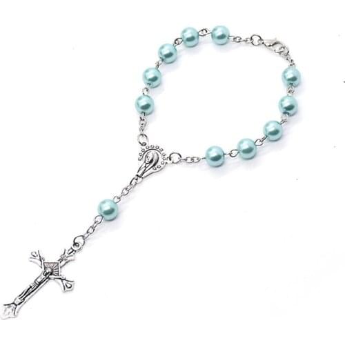 Imitation Pearls Silver Color Rosary Bead Bracelet Virgin Mary INRI Cross Hanging Bracelet Religious Catholic Paryer Jewelry